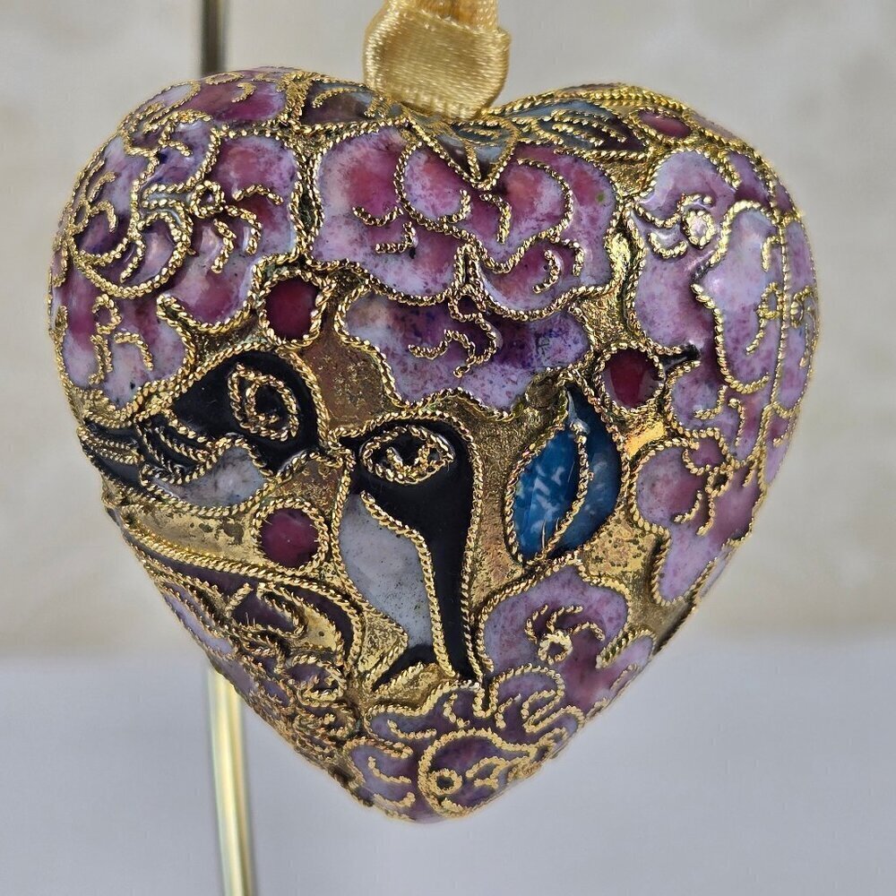 Pink Cloisonne Lovebirds Heart Decoration/Ornament w/ Ribbon Hanger